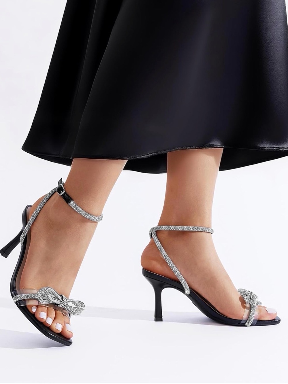Dream Pairs Black Heeled Sandals with Silver Crystal Straps and Knot Detail